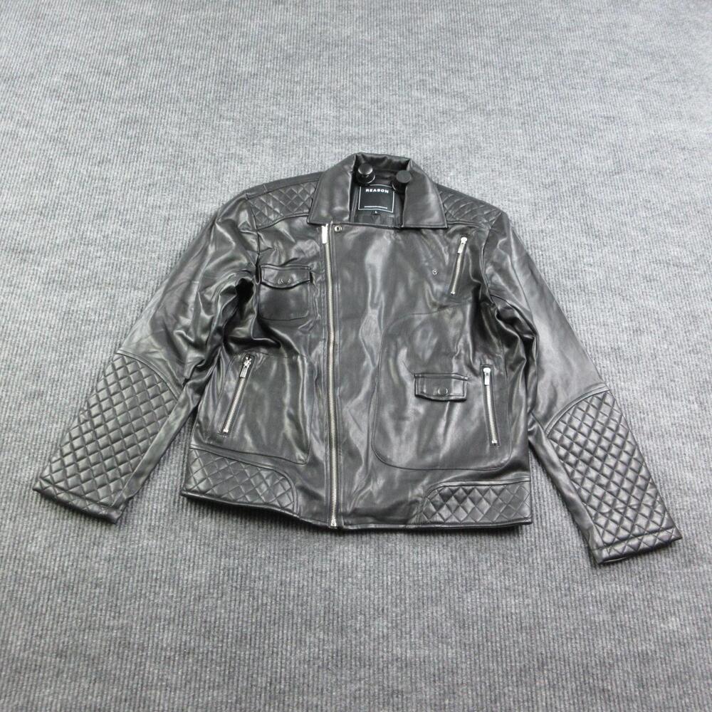 Reason Jacket Mens L Black Motorcycle Quilted Sleeves Pockets Lined Zip NWOT